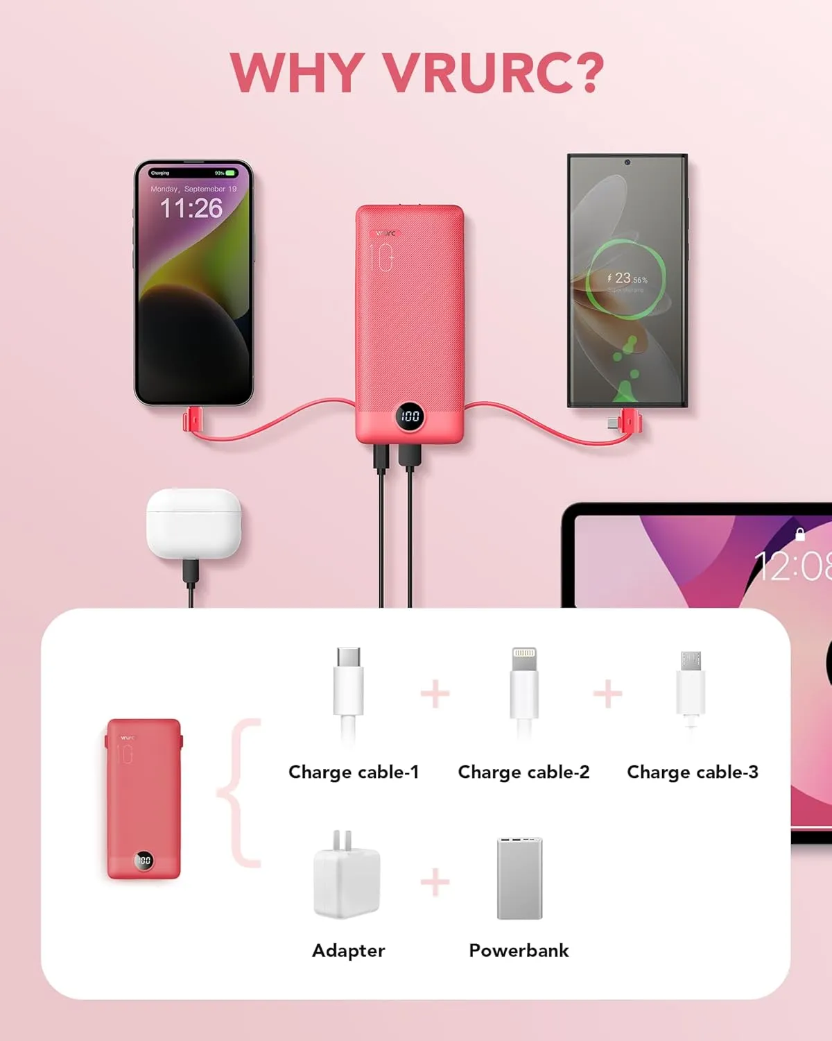Portable Charger Built-in Cables and AC Wall Plug, VRURC USB C Power Bank 10000mAh, Travel Battery Portable Phone Charger Compact Lightweight External Battery Pack for SmartPhones,Tablets-Viva Magenta