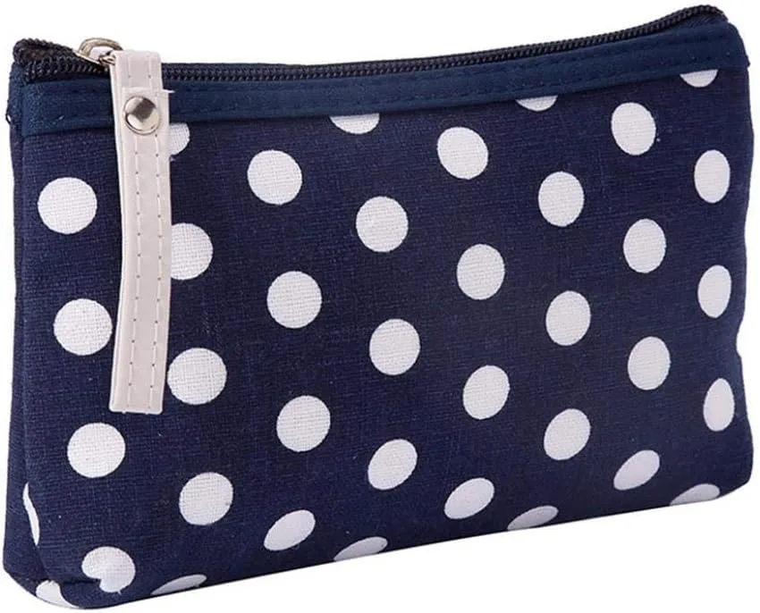 Portable Dot Print Zipper Makeup Toiletry Storage Pouch Key Cards Coin Phone Bag - Blue