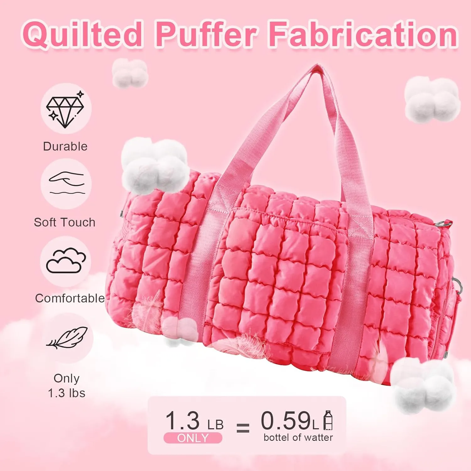 Quilted Gym Bag Duffle for Women,Duffle Bag for Travel with Shoes Compartment,Puffer Weekender Bags Overnight Carry On Bag with Trolley Sleeve for Airplanes,Personal Item Sports Duffel Dance Bag(Pink)