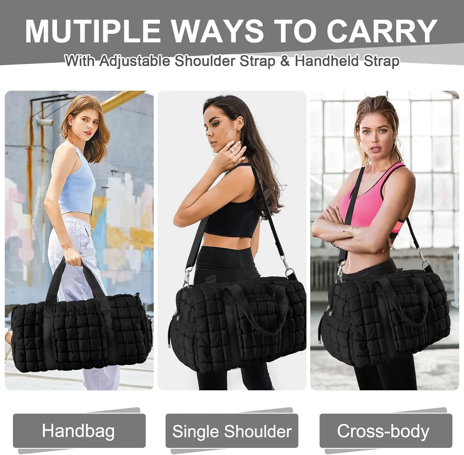 Quilted Gym Duffle for Women - Travel Bag with Shoes Compartment, Puffer Weekender Overnight Carry On Duffel with Trolley Sleeve for Airplanes - Personal Item Sports Dance Bag (Black)