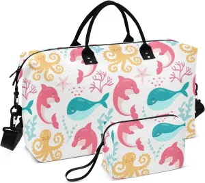 Red Dolphin Corals Travel Duffle Bag Duffel Bags Large Weekender Bag Carry On Duffel Bag Gym Bag with Toiletry Bag Garment Duffle Bags for Women Men Adults Airplanes Trip Yoga Sports