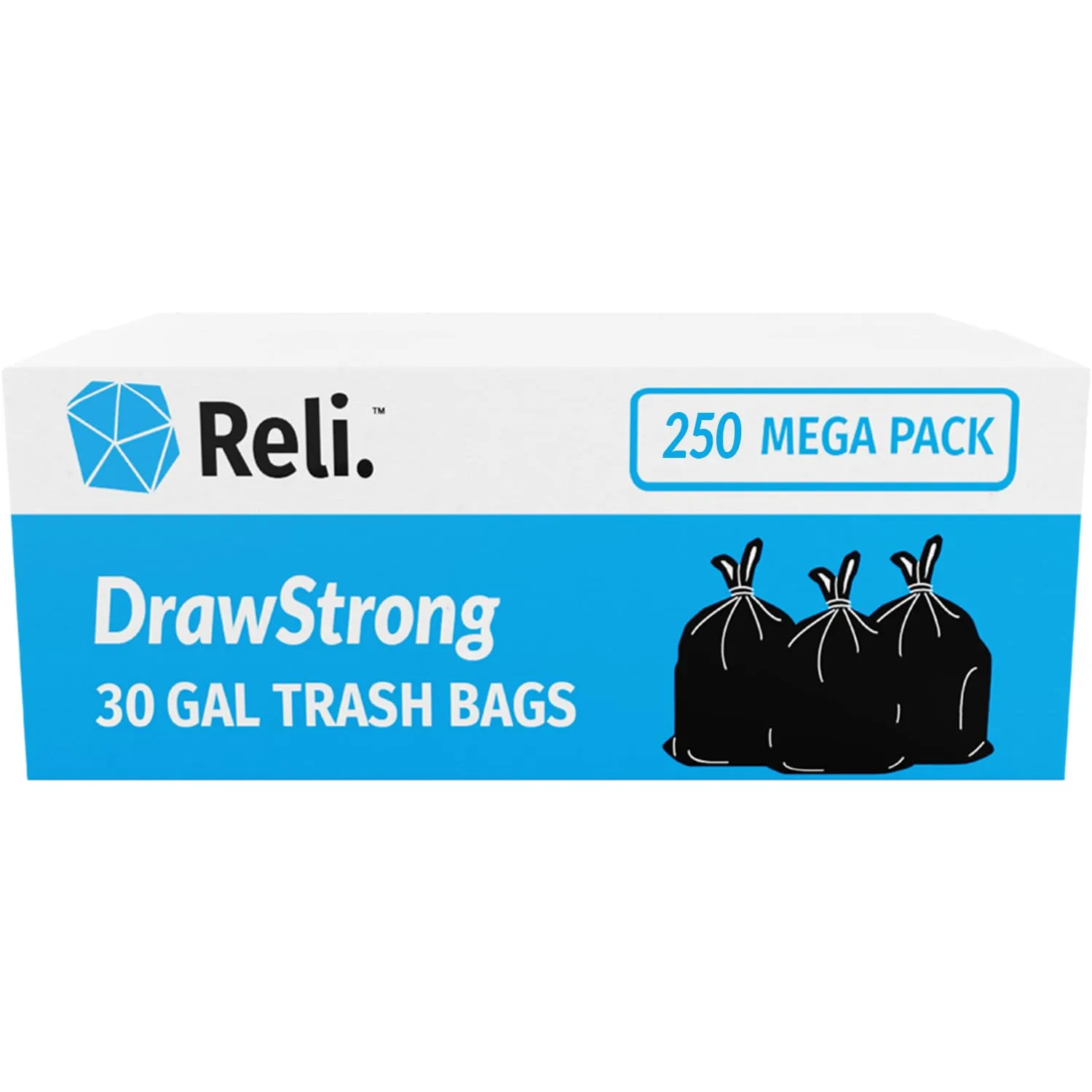 Reli. 30 Gallon Trash Bags Drawstring | 250 Count Bulk | Black | 30 Gallon Garbage Bags Heavy Duty | Large