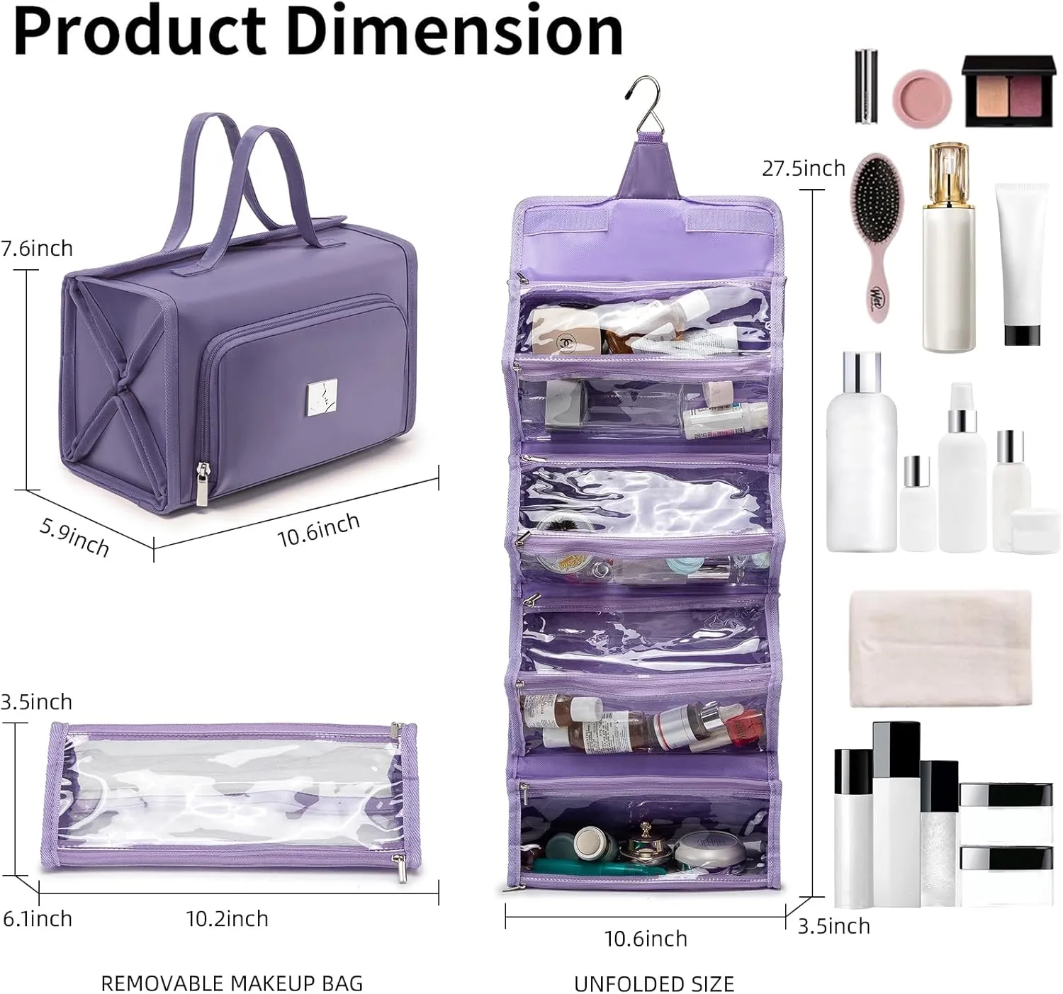 Roll Up Makeup Bag, Waterproof Toiletry Bag for Women, Hanging Travel Organizer bags with Jewelry Organizer Compartment, Extra Large 4 Clear TSA Approved Pouches Cosmetic Makeup (violet)