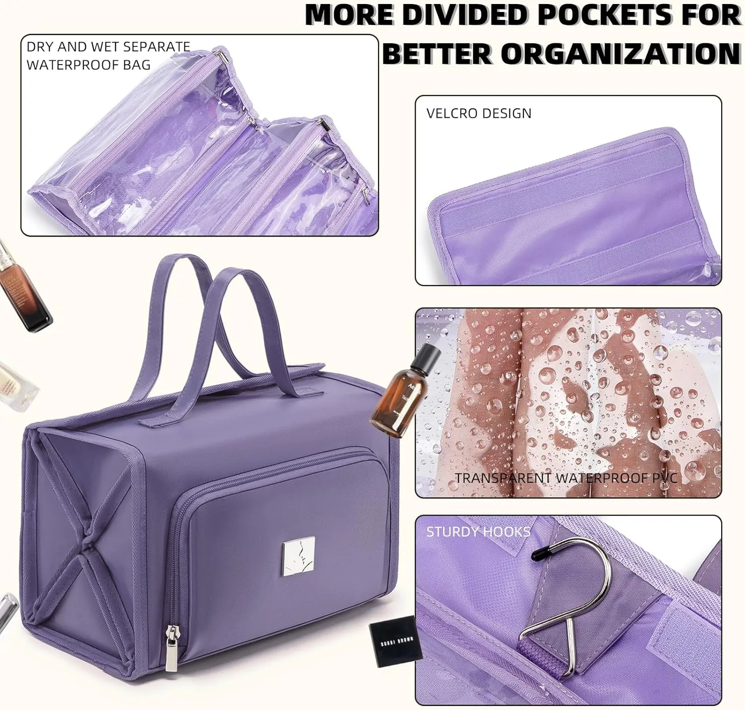 Roll Up Makeup Bag, Waterproof Toiletry Bag for Women, Hanging Travel Organizer bags with Jewelry Organizer Compartment, Extra Large 4 Clear TSA Approved Pouches Cosmetic Makeup (violet)