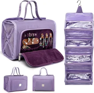 Roll Up Makeup Bag, Waterproof Toiletry Bag for Women, Hanging Travel Organizer bags with Jewelry Organizer Compartment, Extra Large 4 Clear TSA Approved Pouches Cosmetic Makeup (violet)
