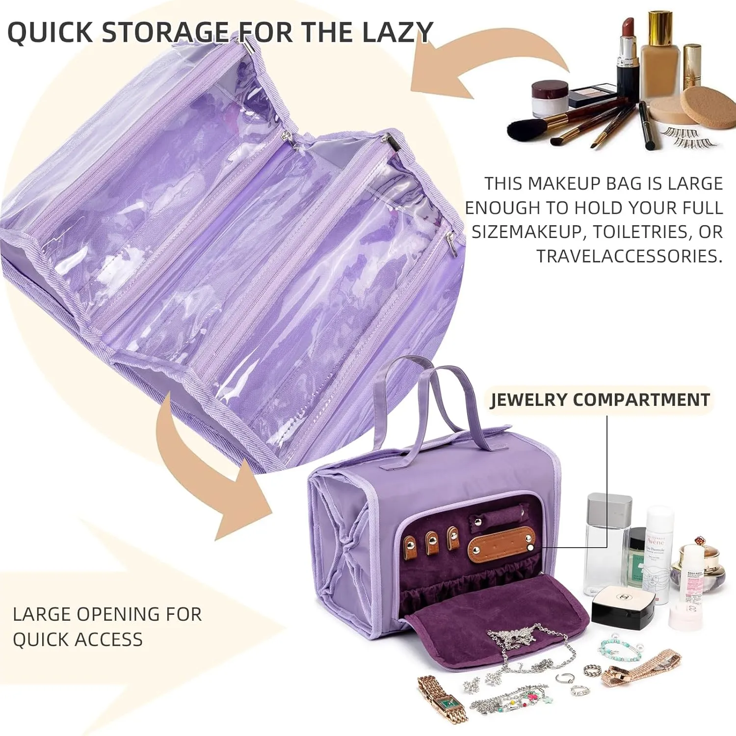 Roll Up Makeup Bag, Waterproof Toiletry Bag for Women, Hanging Travel Organizer bags with Jewelry Organizer Compartment, Extra Large 4 Clear TSA Approved Pouches Cosmetic Makeup (violet)