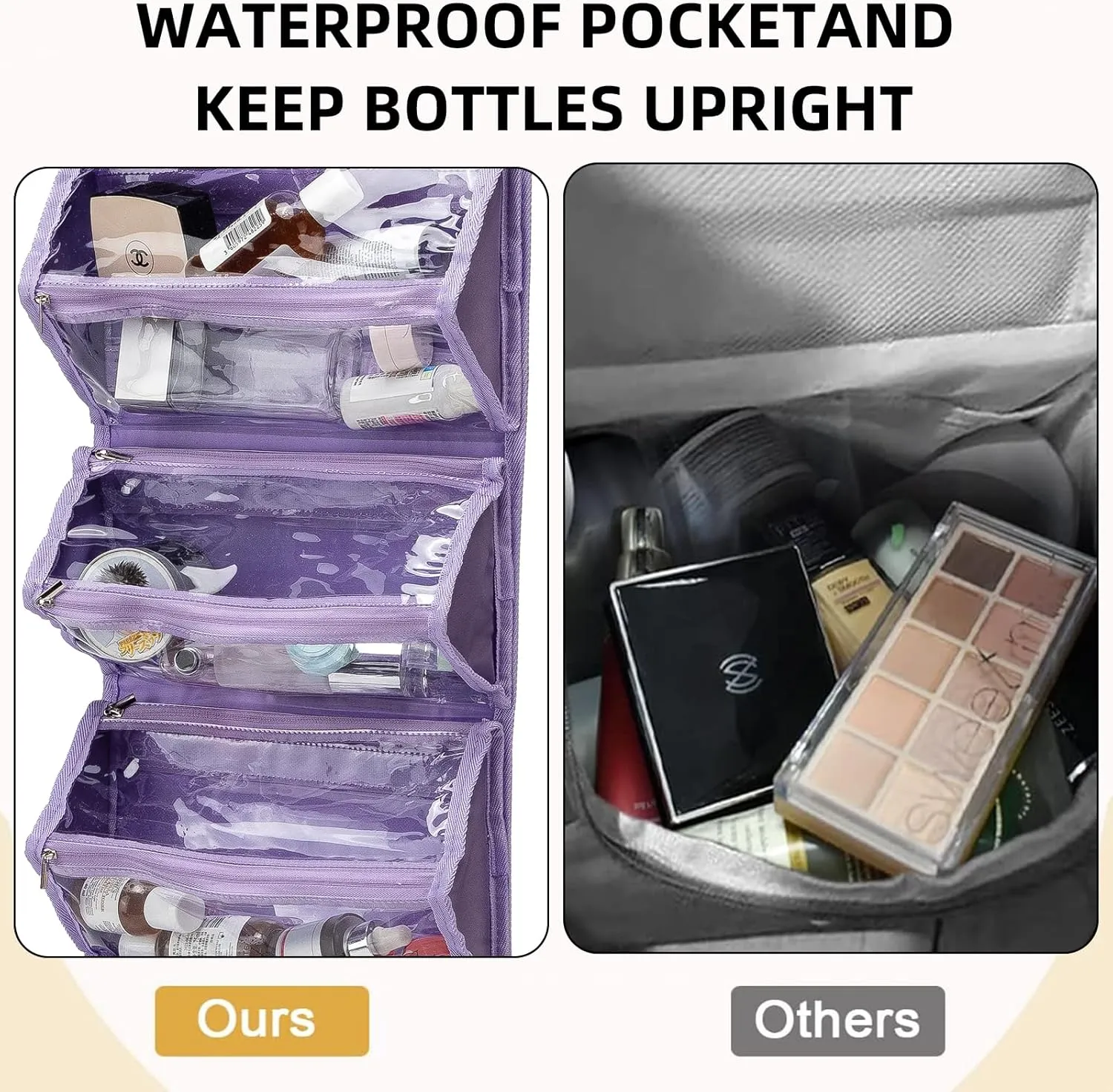 Roll Up Makeup Bag, Waterproof Toiletry Bag for Women, Hanging Travel Organizer bags with Jewelry Organizer Compartment, Extra Large 4 Clear TSA Approved Pouches Cosmetic Makeup (violet)