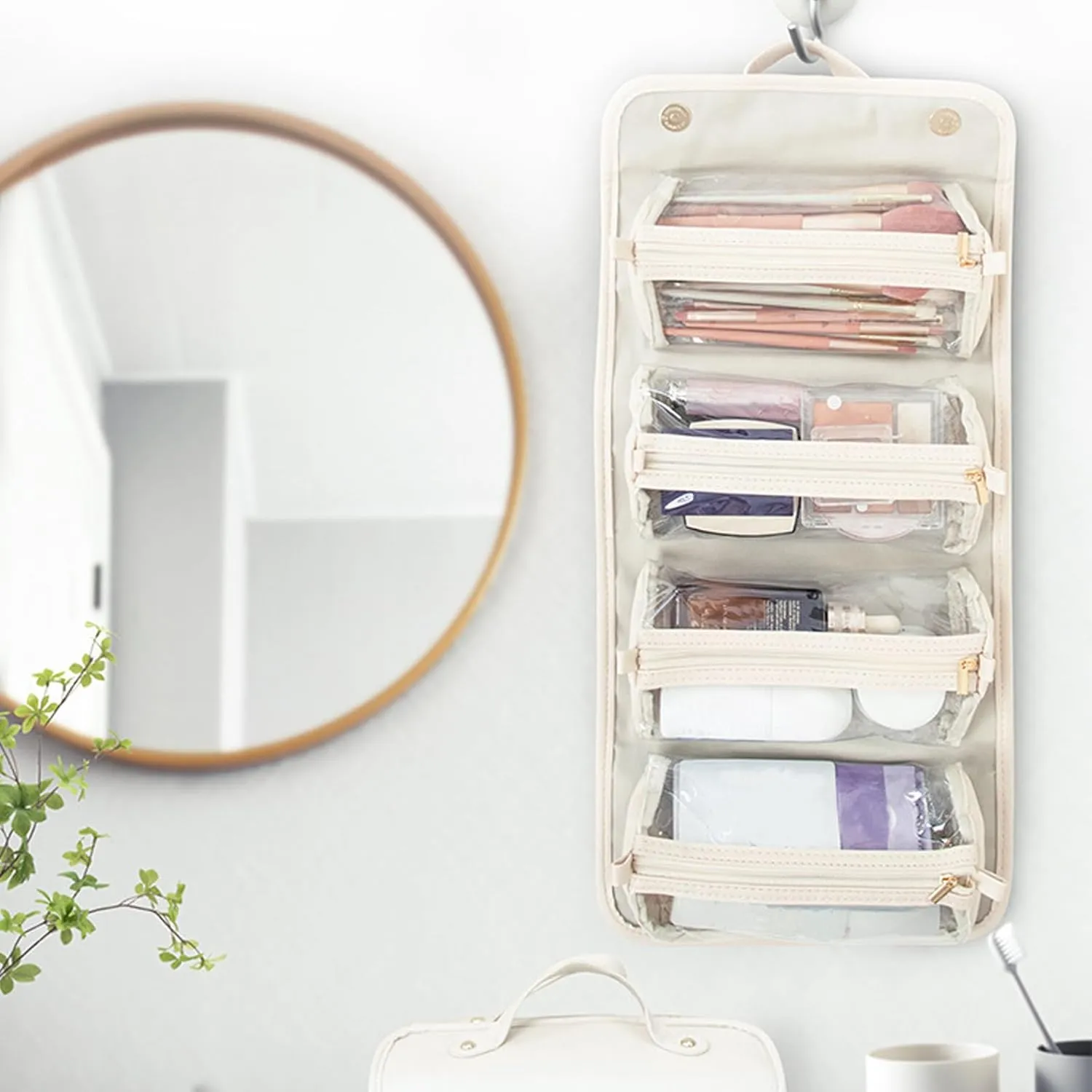 S-SNAIL-OO Travel Toiletry Bag 4 Detachable Clear Multi Compartment Hanging Makeup Bag Leather 4 in 1 Roll Up Large Capacity Compact Waterproof Foldable Cosmetic Bag (white)