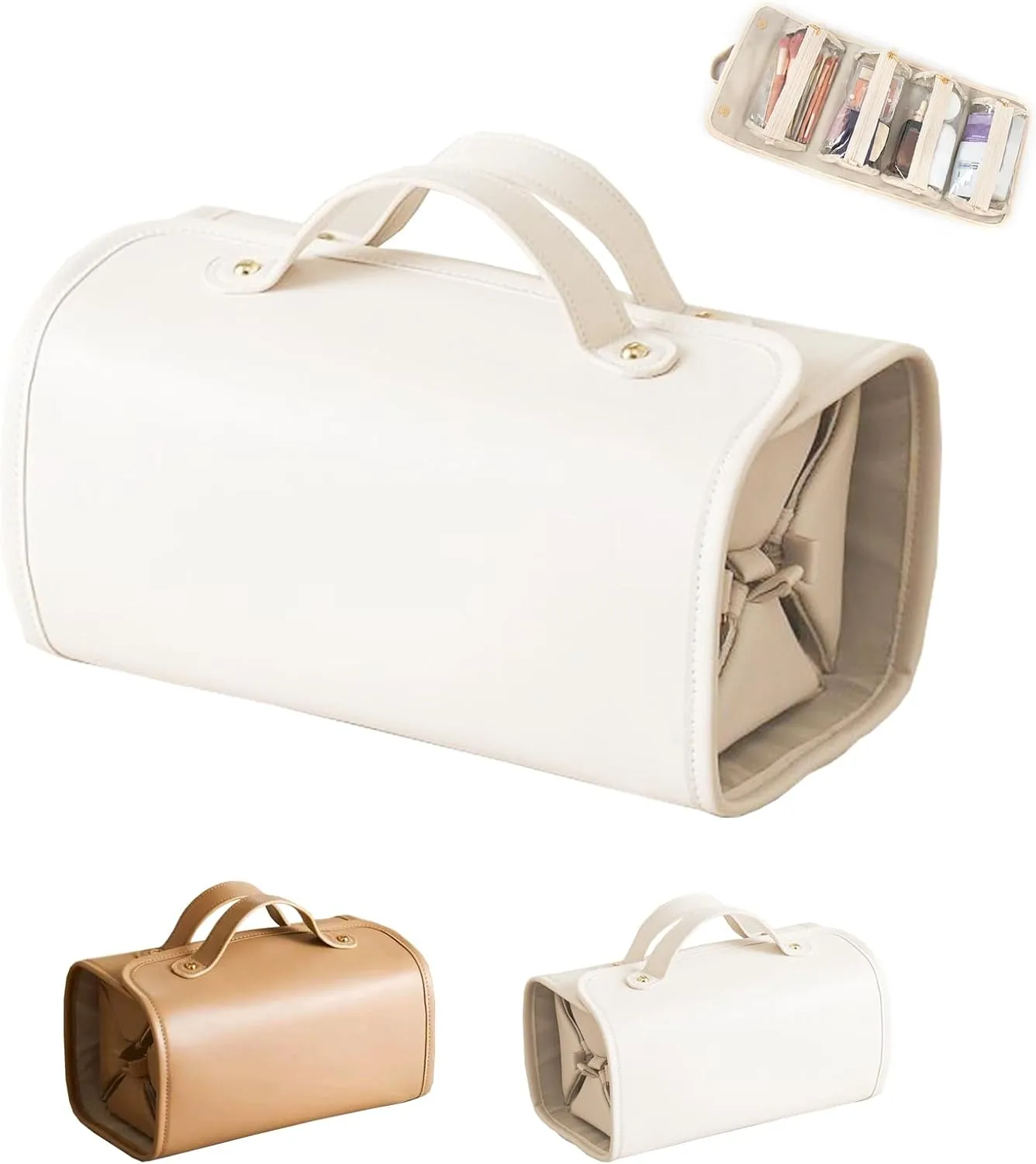 S-SNAIL-OO Travel Toiletry Bag 4 Detachable Clear Multi Compartment Hanging Makeup Bag Leather 4 in 1 Roll Up Large Capacity Compact Waterproof Foldable Cosmetic Bag (white)