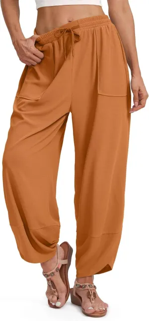 SANTINY Wide Leg Pants Woman Baggy Lightweight Waffle Knit Casual Drawstring Elastic Waisted Palazzo Harem Pants with Pockets