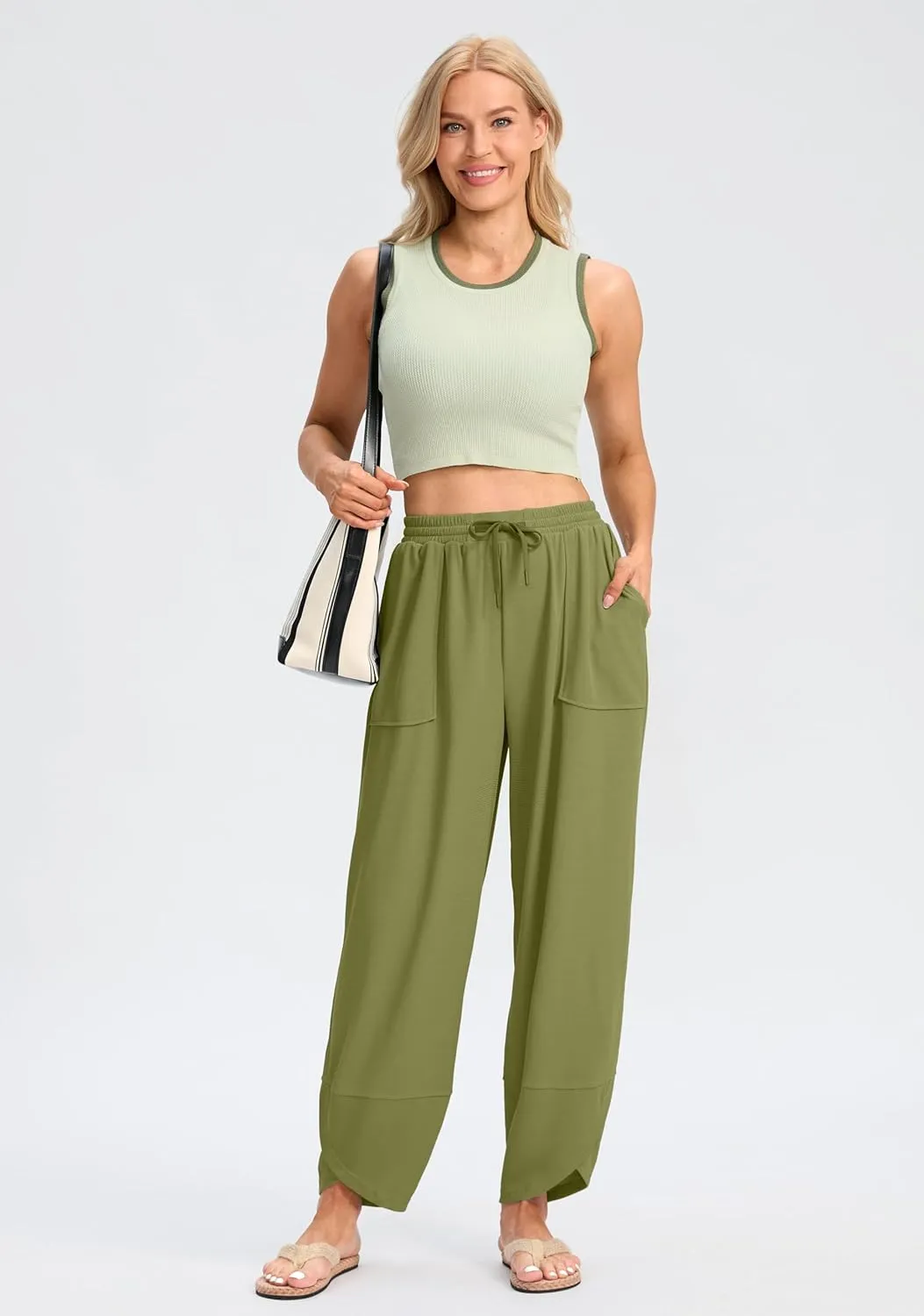 SANTINY Wide Leg Pants Woman Baggy Lightweight Waffle Knit Casual Drawstring Elastic Waisted Palazzo Harem Pants with Pockets