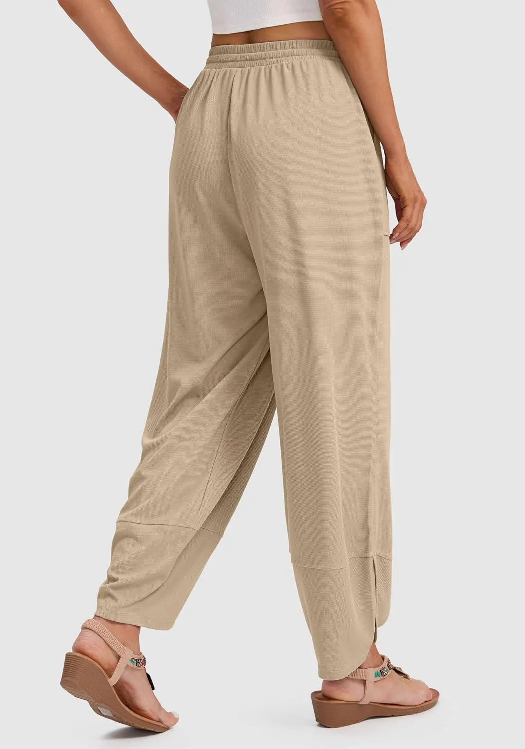 SANTINY Wide Leg Pants Woman Baggy Lightweight Waffle Knit Casual Drawstring Elastic Waisted Palazzo Harem Pants with Pockets