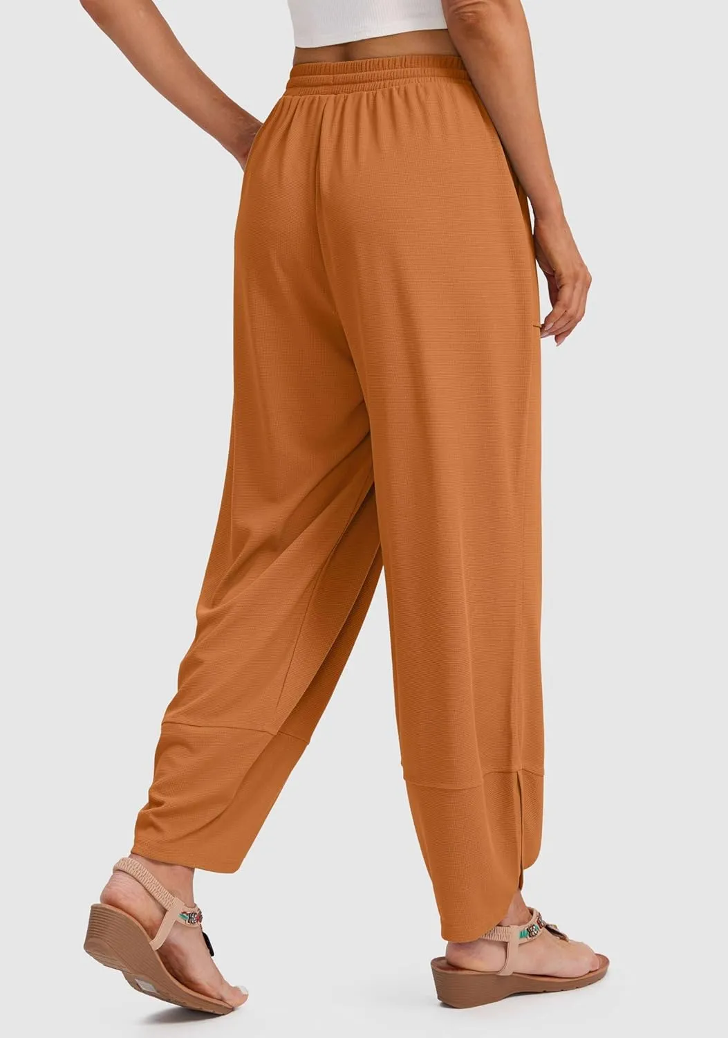 SANTINY Wide Leg Pants Woman Baggy Lightweight Waffle Knit Casual Drawstring Elastic Waisted Palazzo Harem Pants with Pockets