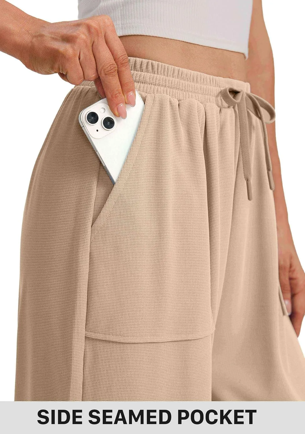 SANTINY Wide Leg Pants Woman Baggy Lightweight Waffle Knit Casual Drawstring Elastic Waisted Palazzo Harem Pants with Pockets