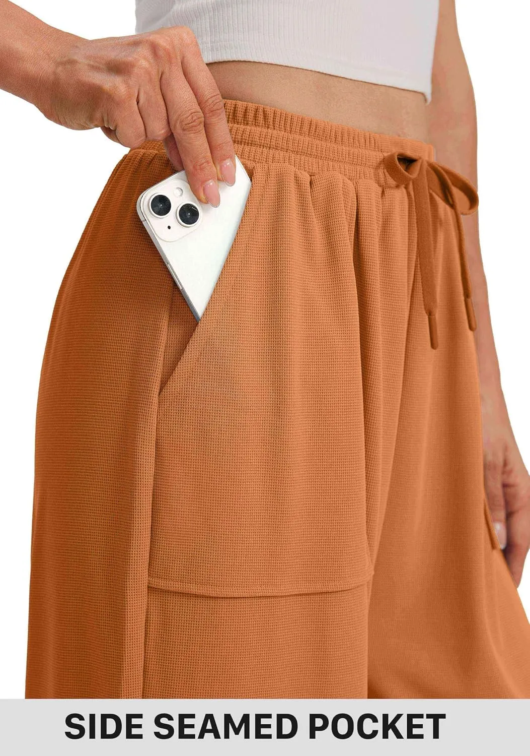 SANTINY Wide Leg Pants Woman Baggy Lightweight Waffle Knit Casual Drawstring Elastic Waisted Palazzo Harem Pants with Pockets