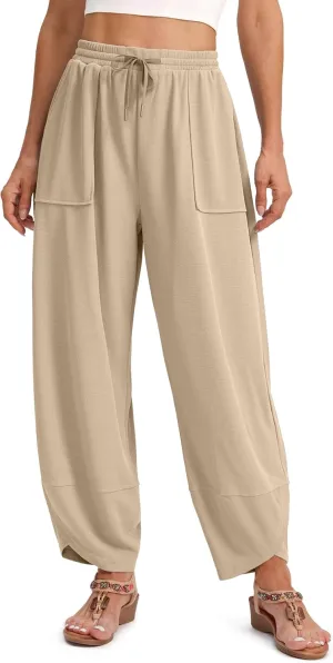 SANTINY Wide Leg Pants Woman Baggy Lightweight Waffle Knit Casual Drawstring Elastic Waisted Palazzo Harem Pants with Pockets