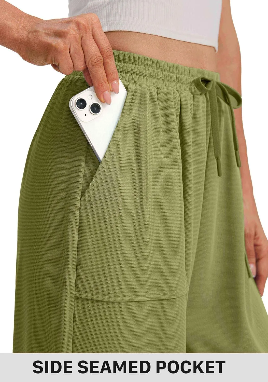 SANTINY Wide Leg Pants Woman Baggy Lightweight Waffle Knit Casual Drawstring Elastic Waisted Palazzo Harem Pants with Pockets