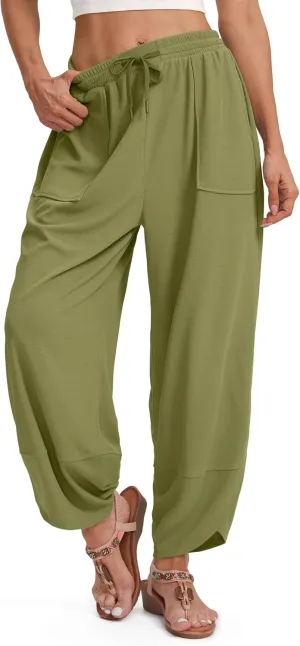SANTINY Wide Leg Pants Woman Baggy Lightweight Waffle Knit Casual Drawstring Elastic Waisted Palazzo Harem Pants with Pockets