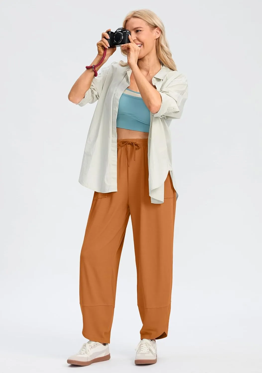 SANTINY Wide Leg Pants Woman Baggy Lightweight Waffle Knit Casual Drawstring Elastic Waisted Palazzo Harem Pants with Pockets