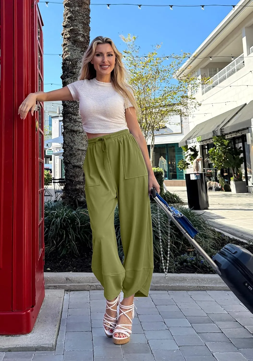SANTINY Wide Leg Pants Woman Baggy Lightweight Waffle Knit Casual Drawstring Elastic Waisted Palazzo Harem Pants with Pockets