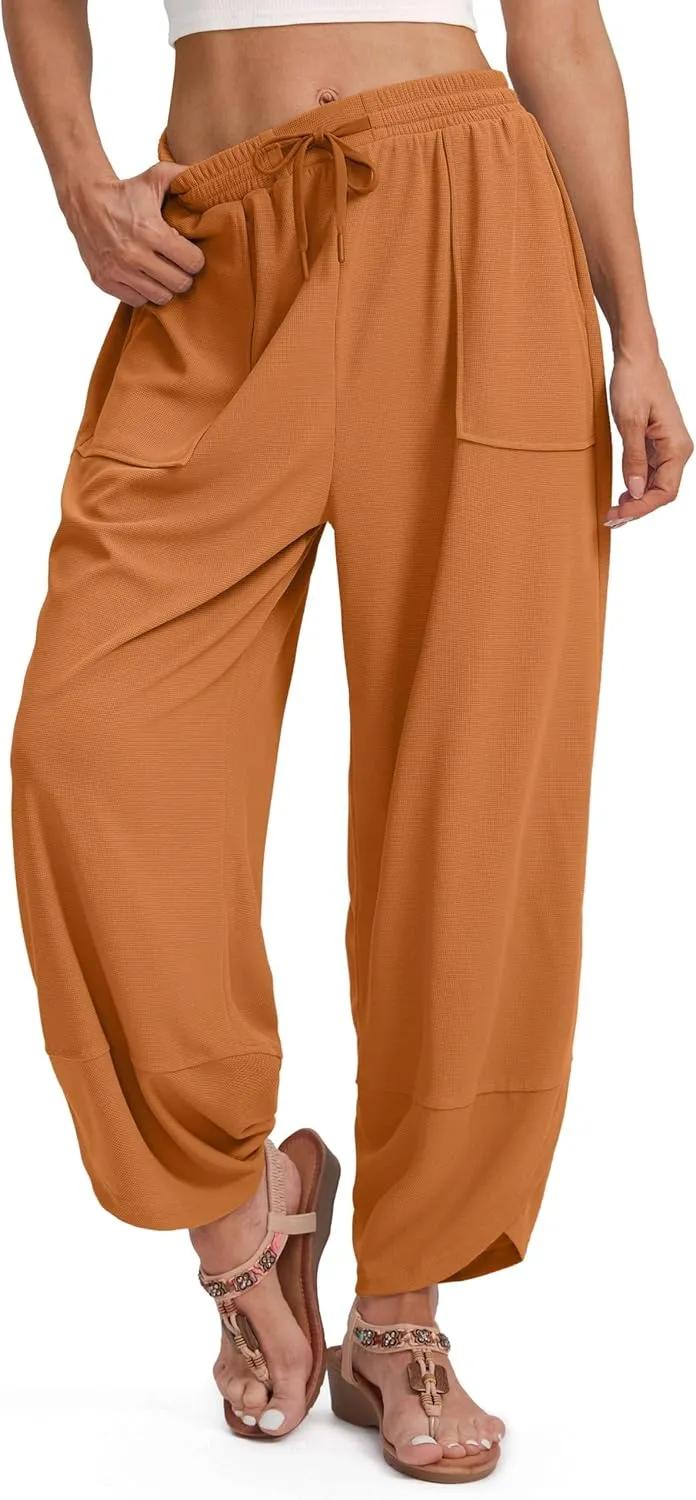 SANTINY Wide Leg Pants Woman Baggy Lightweight Waffle Knit Casual Drawstring Elastic Waisted Palazzo Harem Pants with Pockets