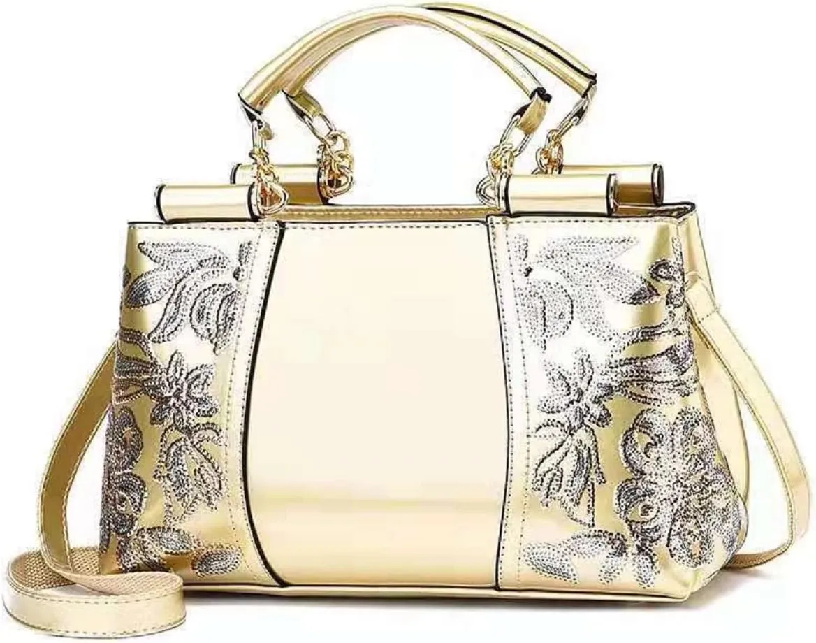 Shiny Patent Women PU Leather Handbags Embroidery Shoulder Bags Fashion Satchel Purses Top Handle Bags
