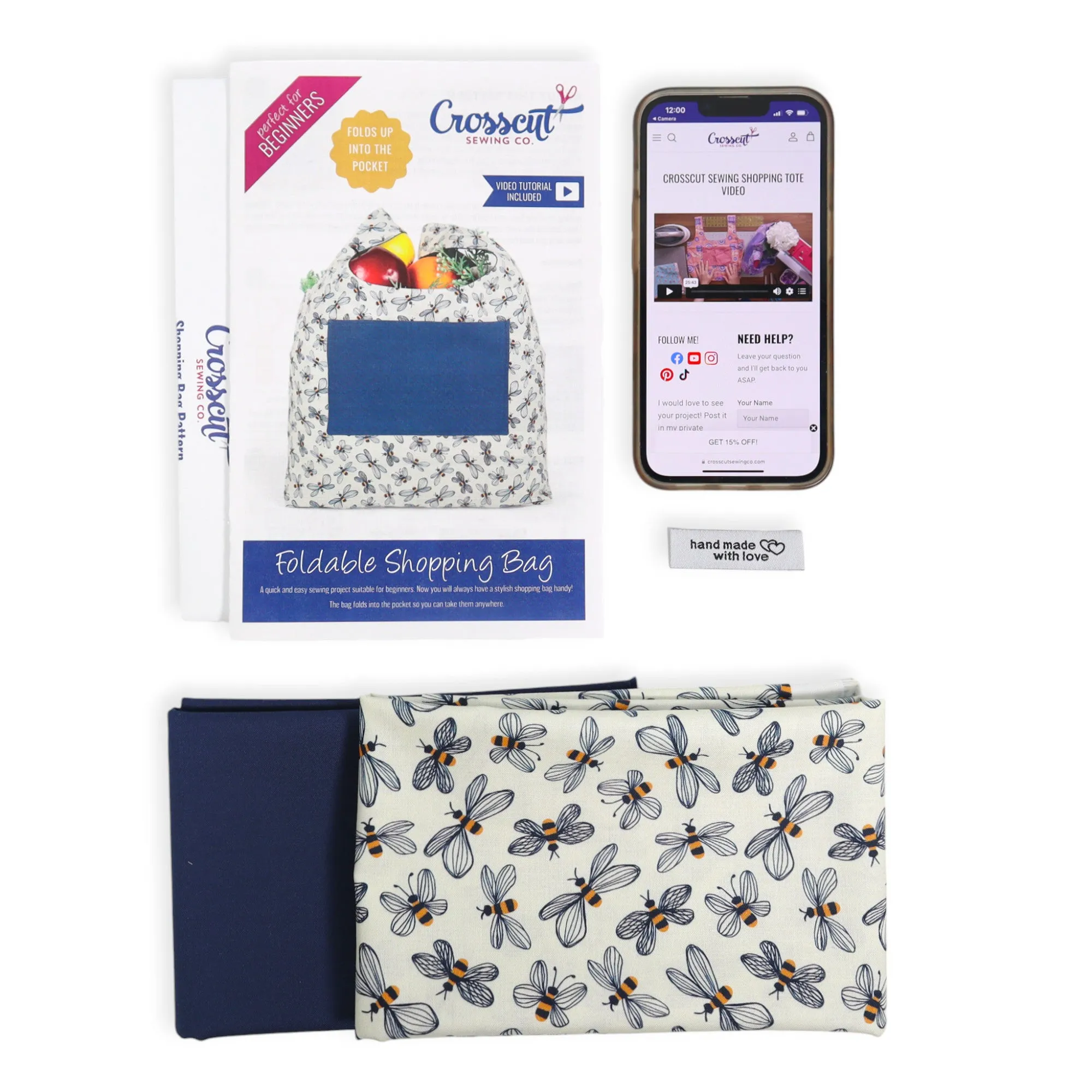 Shopping Tote Sewing Kit - Bees Navy