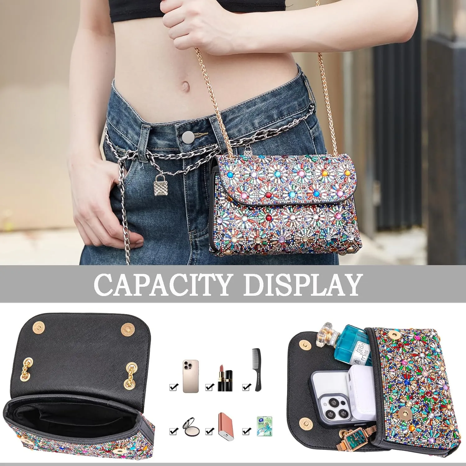 Shoulder Bags Crossbody Bag Purses Handbags Crystals Rhinestone Evening Bag for Women Clutch Purse with Chain