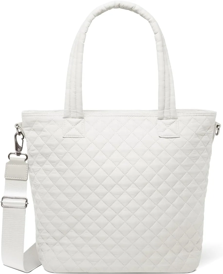 Simple Modern Quilted Tote Bag for Women | Medium Size w/Compartments & Laptop Sleeve | Adjustable Strap | Zipper Top