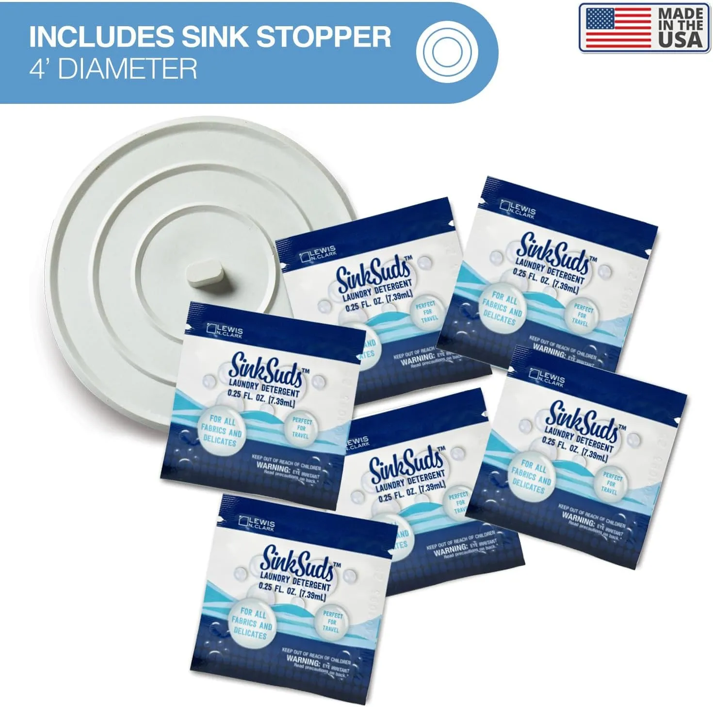 SinkSuds Laundry Detergent Travel Size Liquid Soap TSA Compliant Safe for All Fabrics 12 Packets & 2 Sink Stoppers