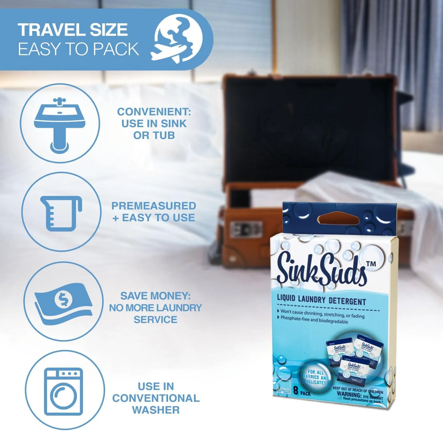 SinkSuds Laundry Detergent Travel Size Liquid Soap TSA Compliant Safe for All Fabrics 12 Packets & 2 Sink Stoppers
