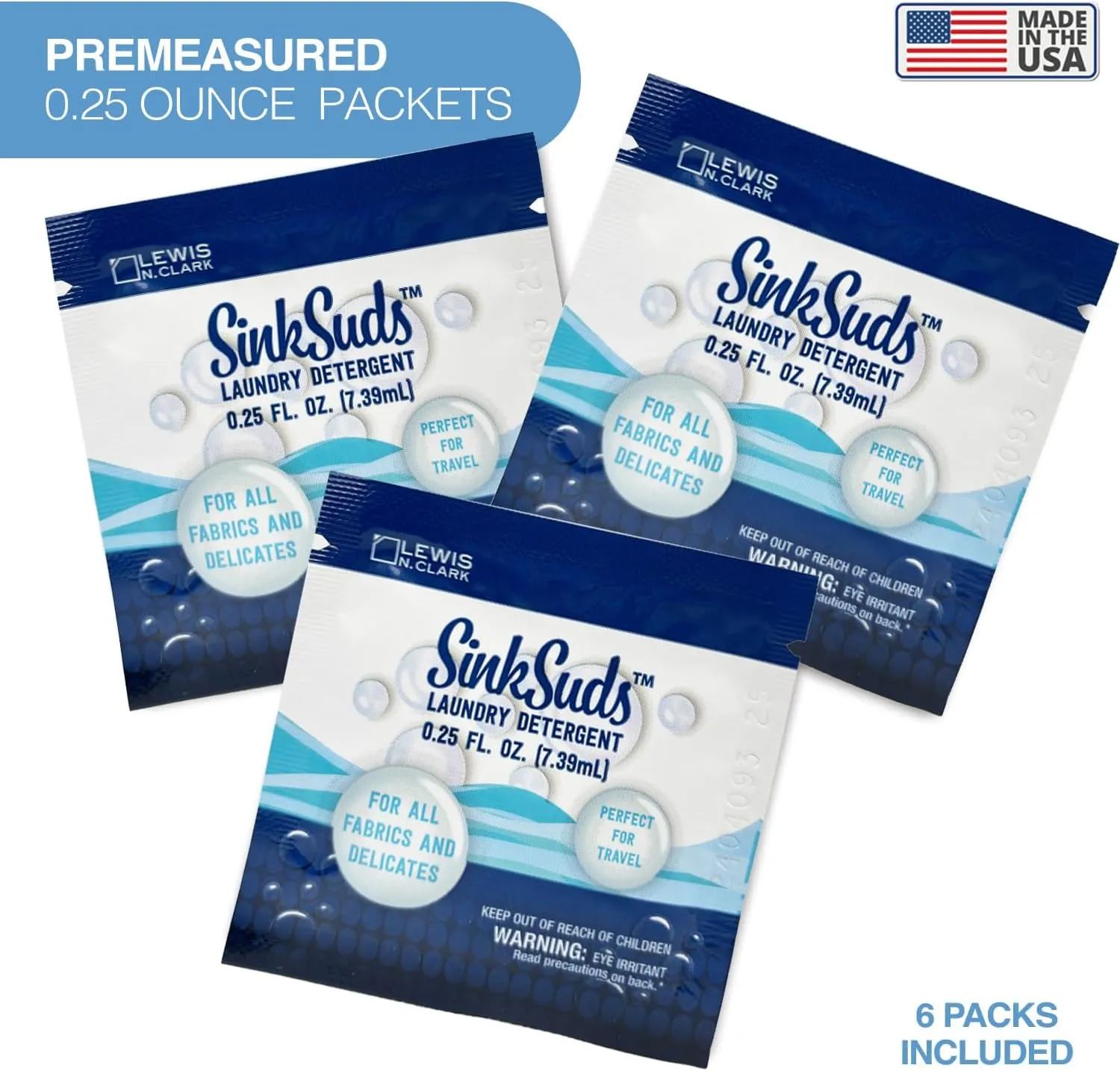 SinkSuds Laundry Detergent Travel Size Liquid Soap TSA Compliant Safe for All Fabrics 12 Packets & 2 Sink Stoppers