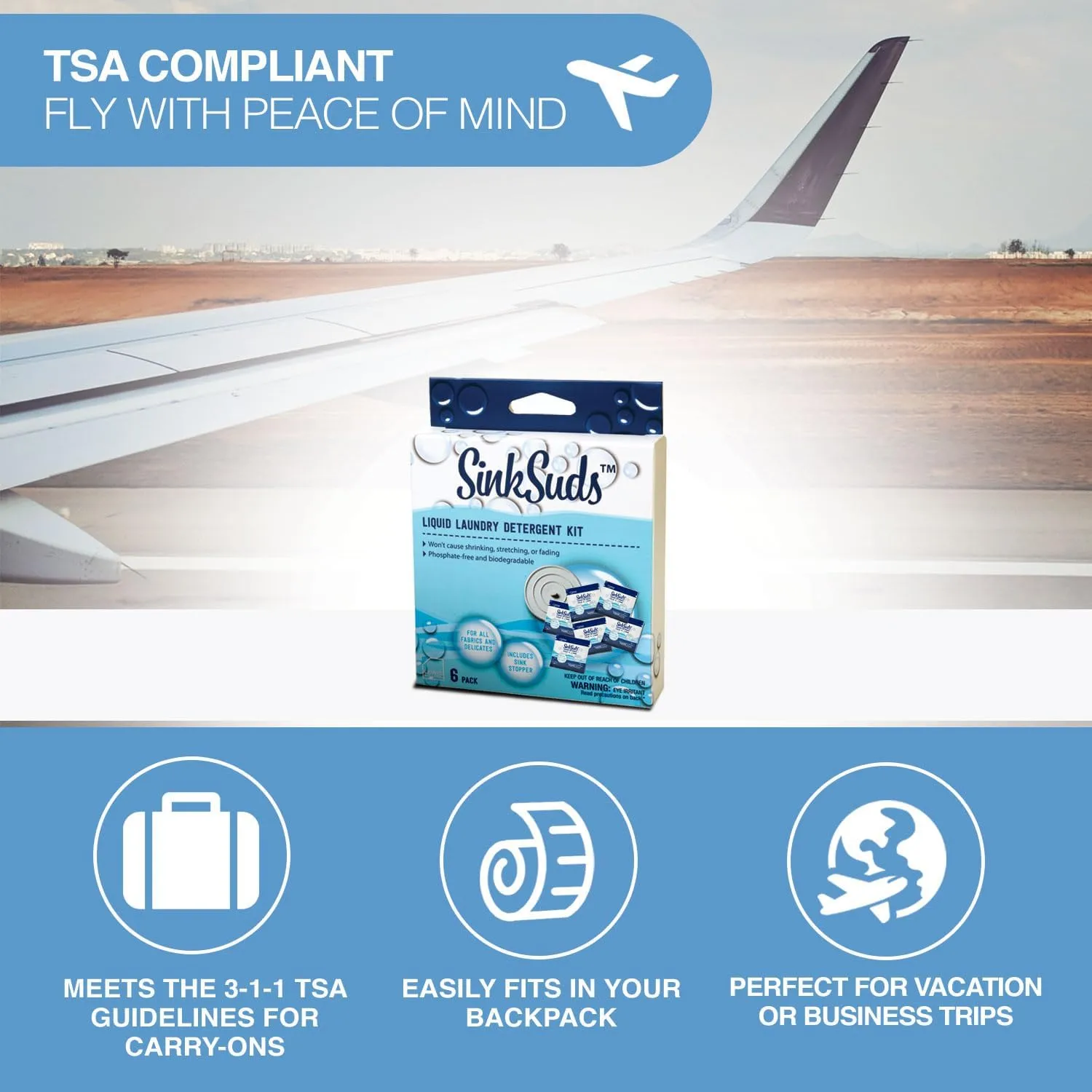 SinkSuds Laundry Detergent Travel Size Liquid Soap TSA Compliant Safe for All Fabrics 12 Packets & 2 Sink Stoppers