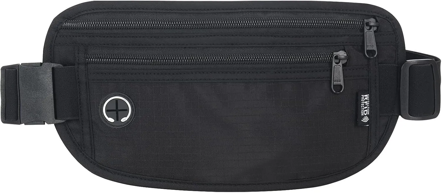 Slim RFID Blocking Money Belt for Travel - Anti-Theft Hidden Passport Holder Waist Wallet with Secure Pouch for Cash, Credit Cards & Phone Safe (Black)