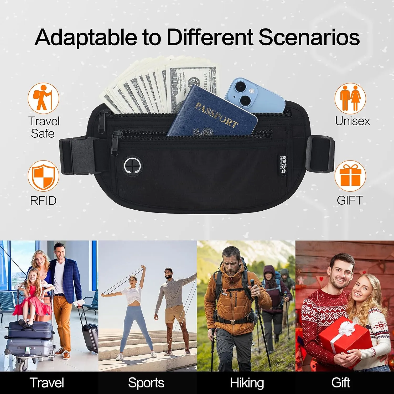 Slim RFID Blocking Money Belt for Travel - Anti-Theft Hidden Passport Holder Waist Wallet with Secure Pouch for Cash, Credit Cards & Phone Safe (Black)
