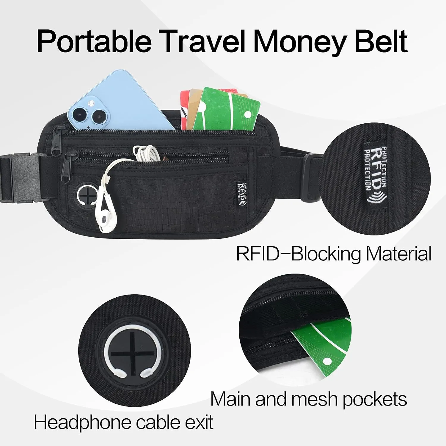 Slim RFID Blocking Money Belt for Travel - Anti-Theft Hidden Passport Holder Waist Wallet with Secure Pouch for Cash, Credit Cards & Phone Safe (Black)