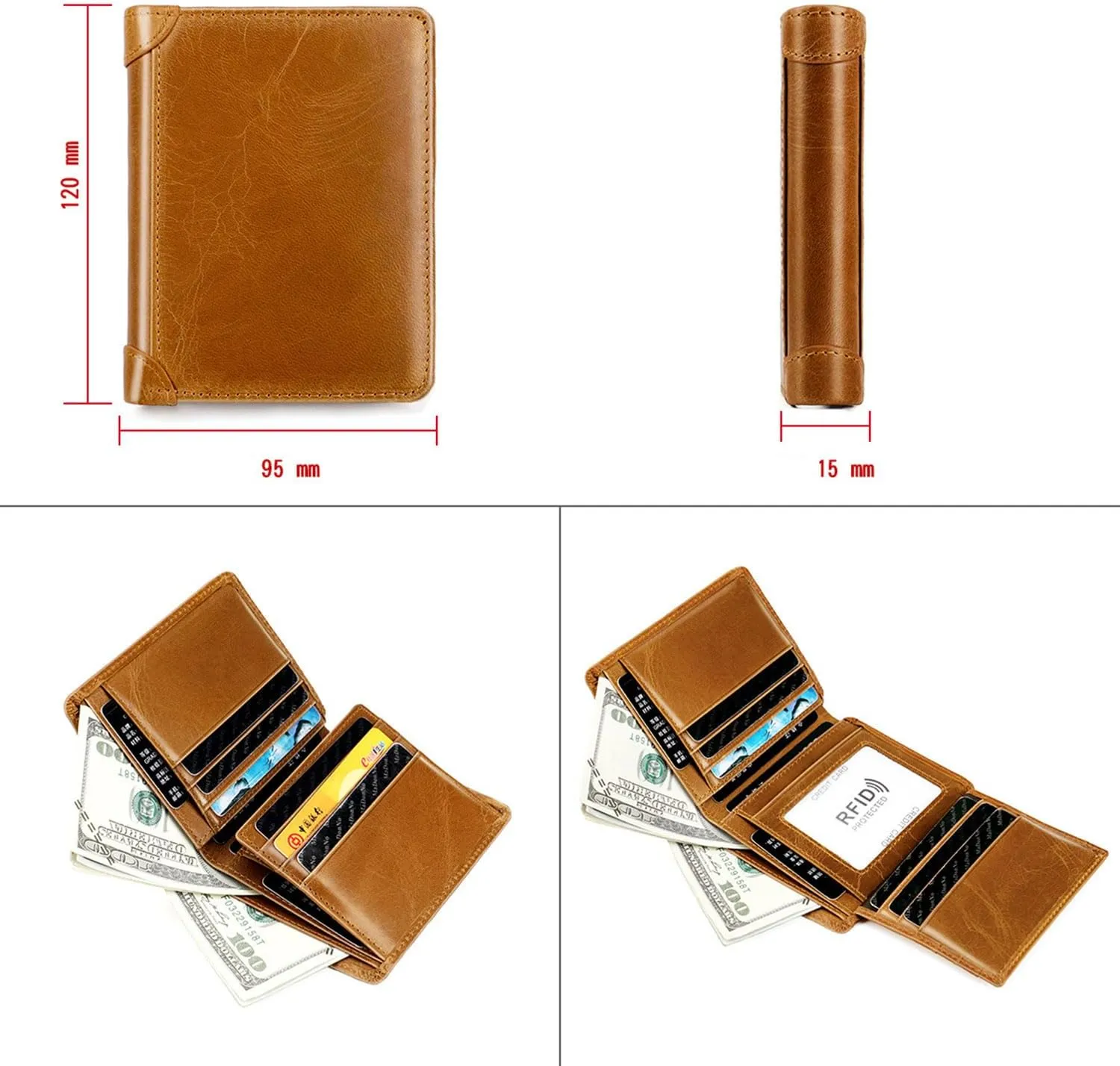 small Bifold Wallet Women Leather Compact Card Holder Zipper Pocket Wallet RFID Blocking Card Case Purse with ID Window(brown3)