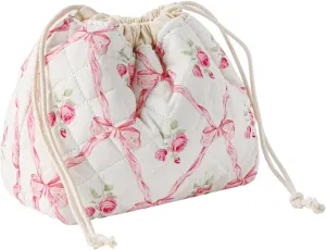 Small Cotton Quilted Drawstring Makeup Bag, Cute Coquette Drawstring Cosmetic Bag with Canvas Lining, Aesthetic Travel Organized Toiletry Bags for Purse (Drawstring Pinkbows)