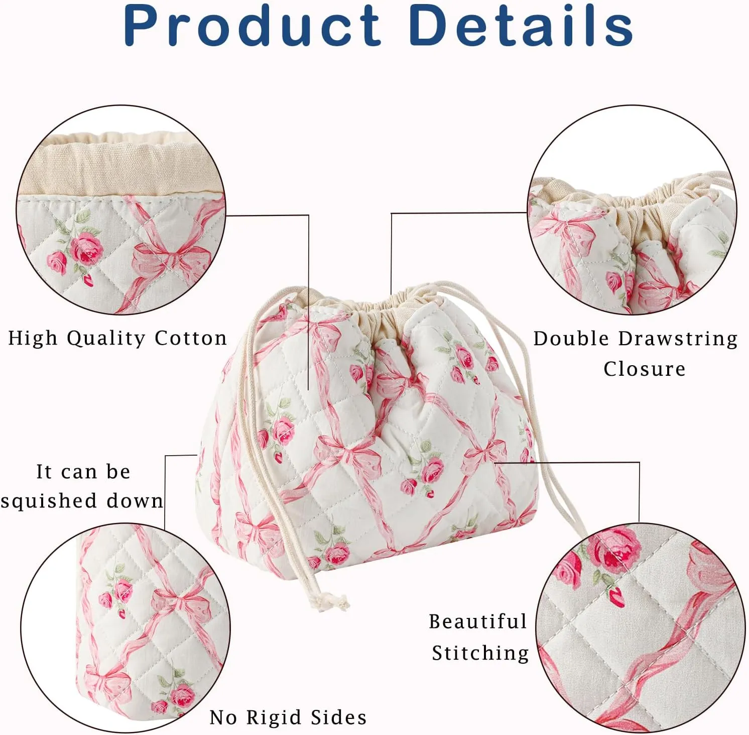 Small Cotton Quilted Drawstring Makeup Bag, Cute Coquette Drawstring Cosmetic Bag with Canvas Lining, Aesthetic Travel Organized Toiletry Bags for Purse (Drawstring Pinkbows)