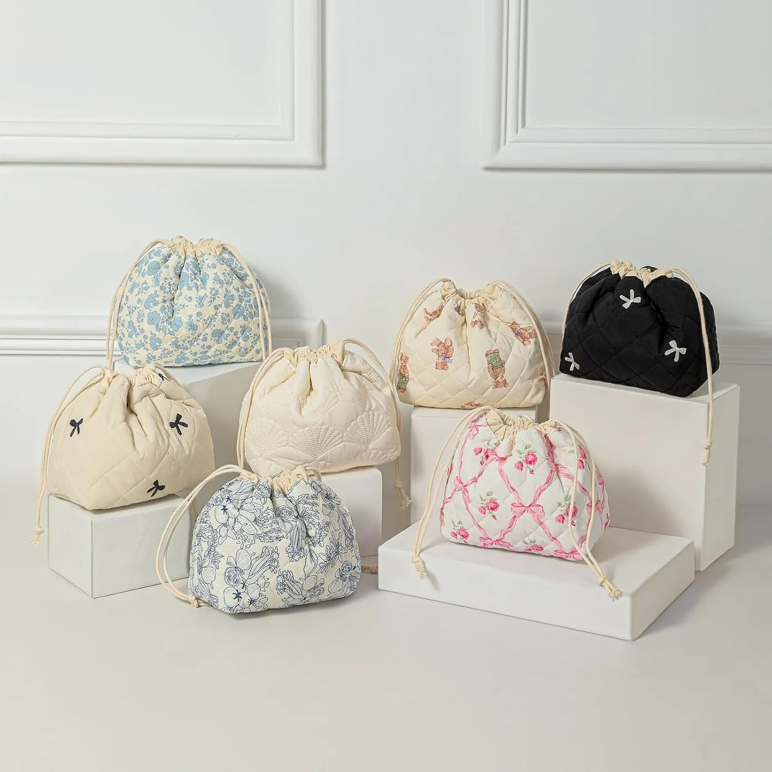Small Cotton Quilted Drawstring Makeup Bag, Cute Coquette Drawstring Cosmetic Bag with Canvas Lining, Aesthetic Travel Organized Toiletry Bags for Purse (Drawstring Pinkbows)