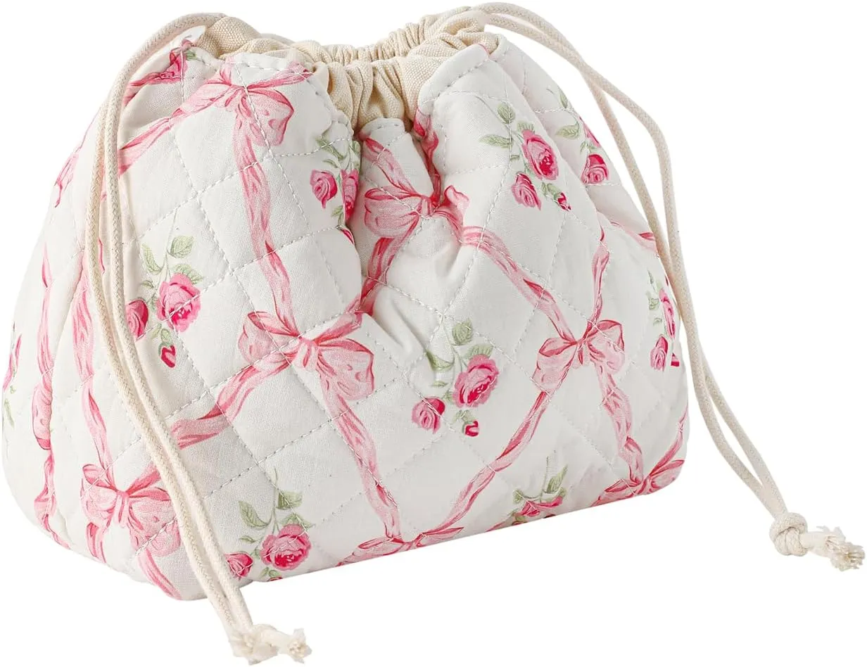 Small Cotton Quilted Drawstring Makeup Bag, Cute Coquette Drawstring Cosmetic Bag with Canvas Lining, Aesthetic Travel Organized Toiletry Bags for Purse (Drawstring Pinkbows)