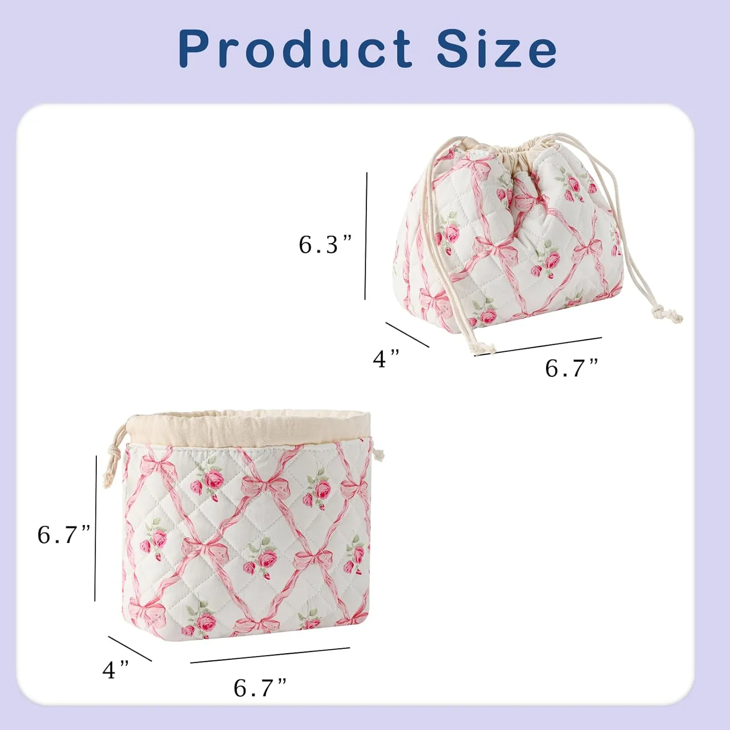 Small Cotton Quilted Drawstring Makeup Bag, Cute Coquette Drawstring Cosmetic Bag with Canvas Lining, Aesthetic Travel Organized Toiletry Bags for Purse (Drawstring Pinkbows)