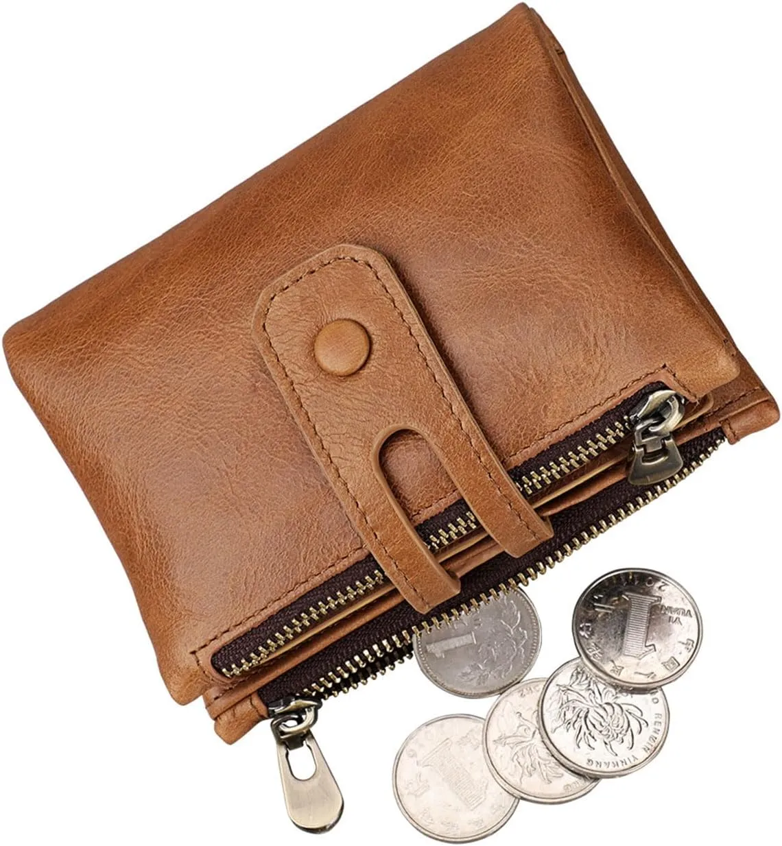 small Leather wallet women Bifold Compact Card Holder Zipper Pocket Wallet RFID Blocking Card Case Purse with ID Window(brown2)