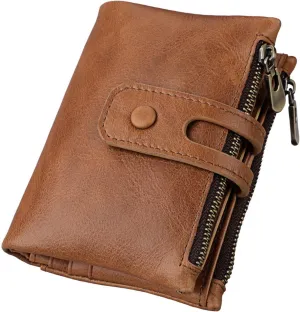 small Leather wallet women Bifold Compact Card Holder Zipper Pocket Wallet RFID Blocking Card Case Purse with ID Window(brown2)