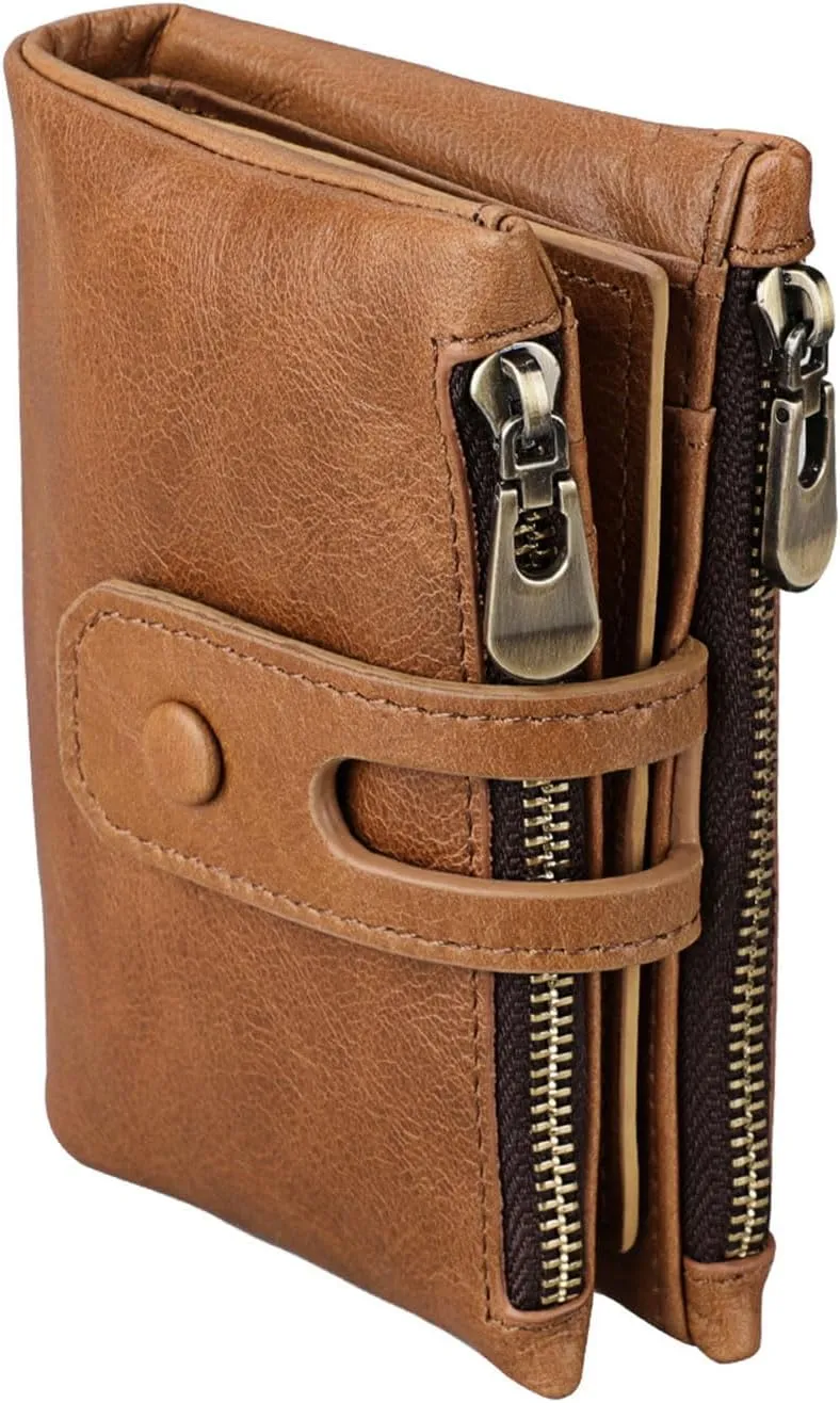 small Leather wallet women Bifold Compact Card Holder Zipper Pocket Wallet RFID Blocking Card Case Purse with ID Window(brown2)