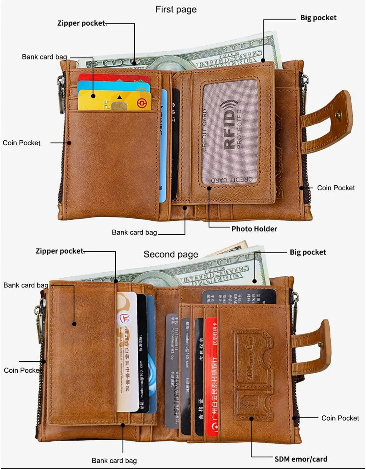 small Leather wallet women Bifold Compact Card Holder Zipper Pocket Wallet RFID Blocking Card Case Purse with ID Window(brown2)