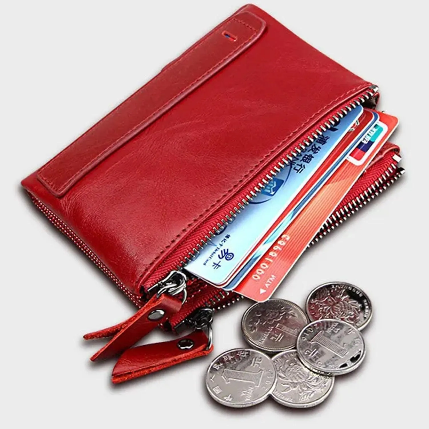 small wallet for women Red Leather Bifold Compact Card Holder Zipper Pocket Wallet RFID Blocking Card Case Purse with ID Window(red)