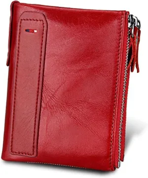 small wallet for women Red Leather Bifold Compact Card Holder Zipper Pocket Wallet RFID Blocking Card Case Purse with ID Window(red)