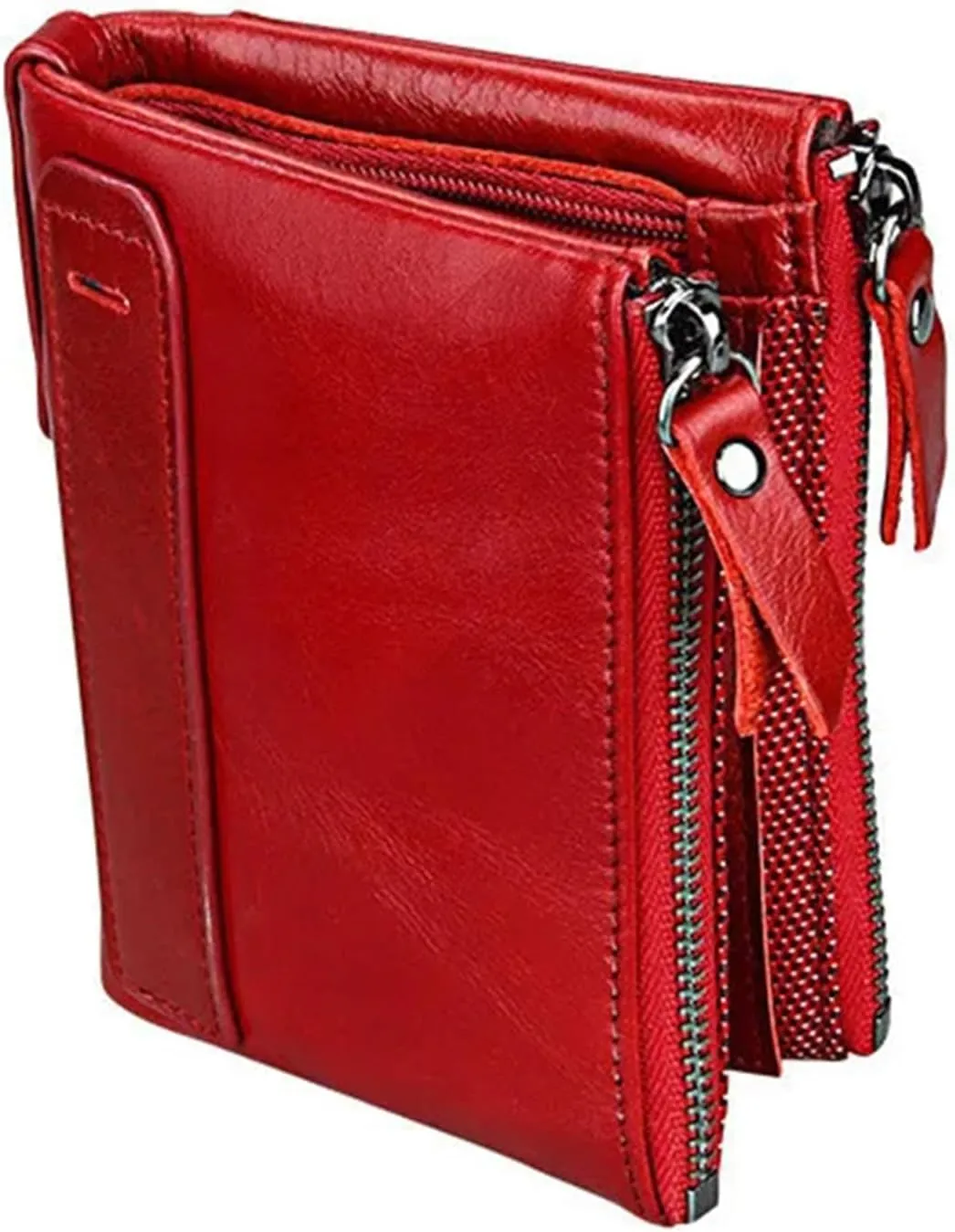 small wallet for women Red Leather Bifold Compact Card Holder Zipper Pocket Wallet RFID Blocking Card Case Purse with ID Window(red)
