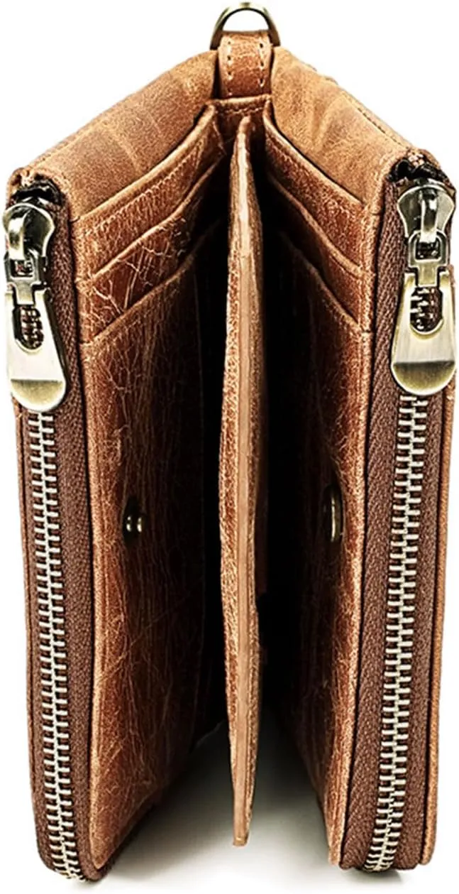 small womens wallet Leathear Chain Compact Card Holder Zipper Pocket Wallet RFID Blocking Card Case Purse with ID Window(brown5)
